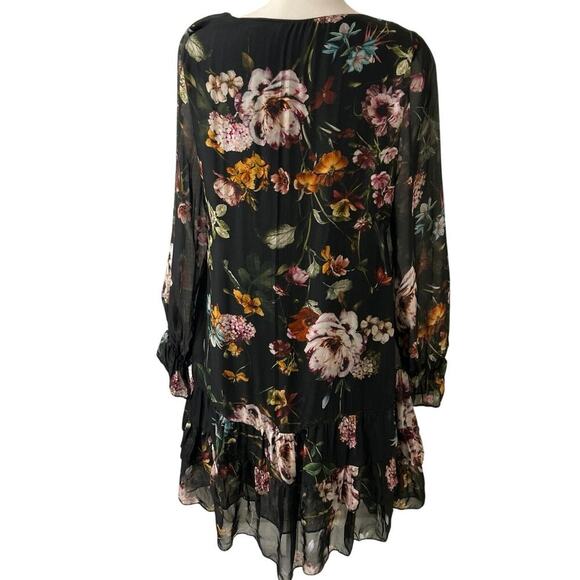 Bellambra Silk Blend Black Foral Babydoll Ruffle Hem Mini Dress XS Whimsigoth - Picture 2 of 15